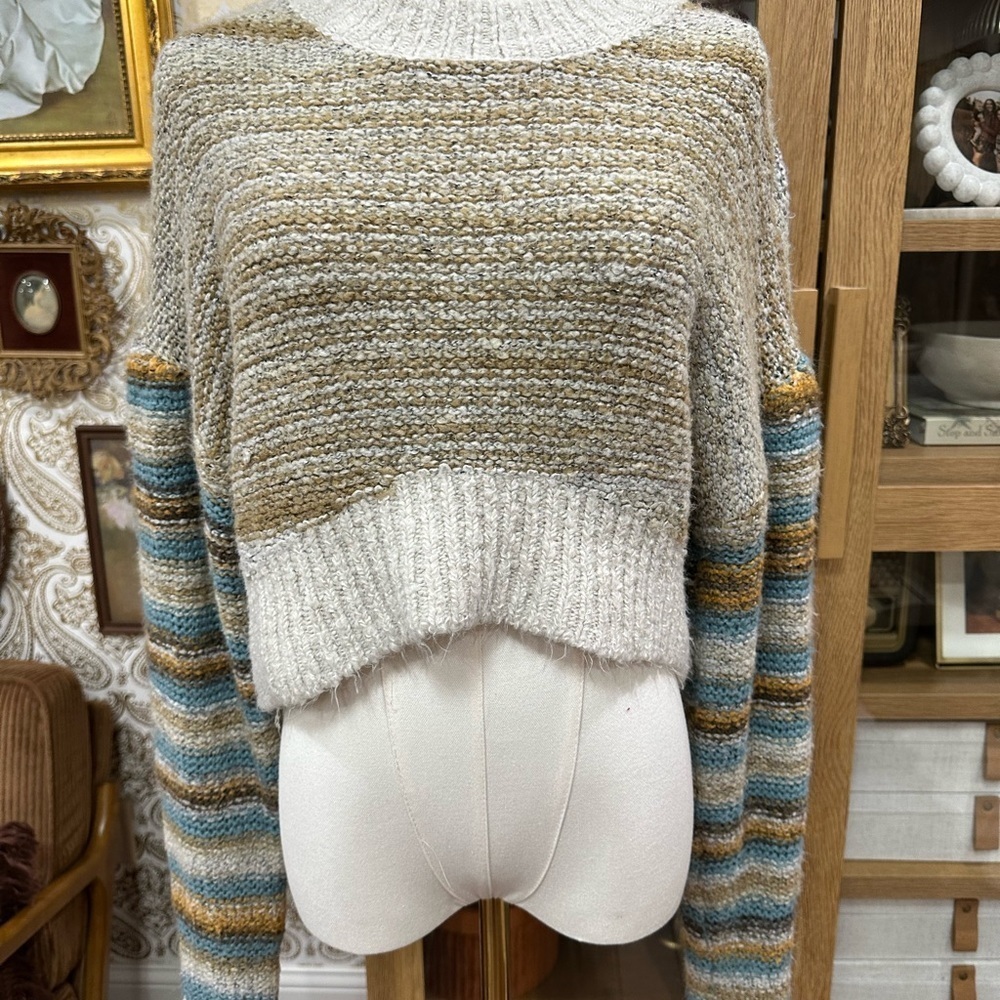 Urban Outfitters Striped Knit Sweater - Cream, Brown, Blue size small